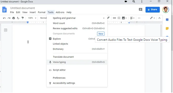 Google Docs Audio converted to text